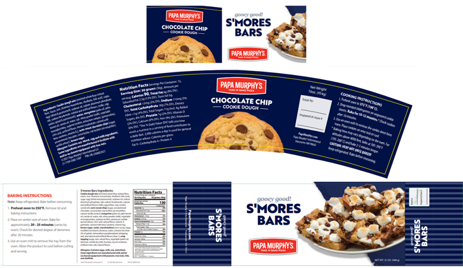 product packaging for Papa Murphy's Chocolate Chip cooke dough and S'mores Bars that were recalled May 23, 2023