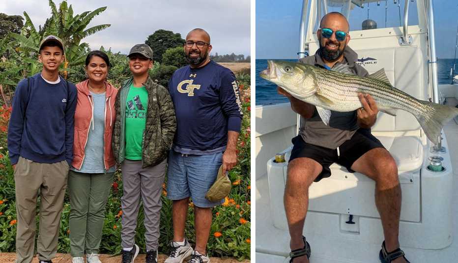 vikas chinnan in two photos one with his family and one on a fishing boat holding a very large striped fish he caught