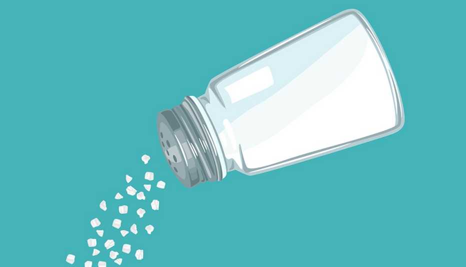 illustration of a salt shaker pouring salt onto a light blue background to reflect the importance of reducing salt intake for lower blood pressure