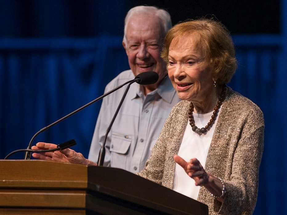 Former first lady Rosalynn Carter speaks  during the opening ceremony for the Jimmy & Rosalynn Carter Work Project, Sunday, Aug. 26, 2018, inside the University of Notre Dame's Purcell Pavilion in South Bend, Ind. 