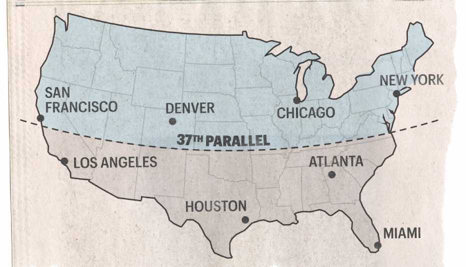 united states map showing location of the 37th parallel as it cuts through states california the border of arizona and utah and border of new mexico and colorado and so on