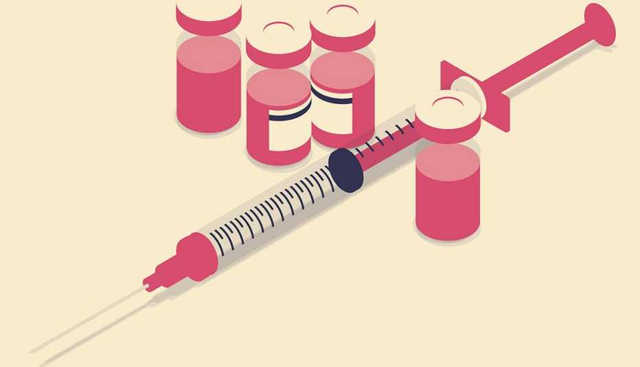 Illustration of a COVID vaccine shown in four glass vials, along with a syringe both the color pink