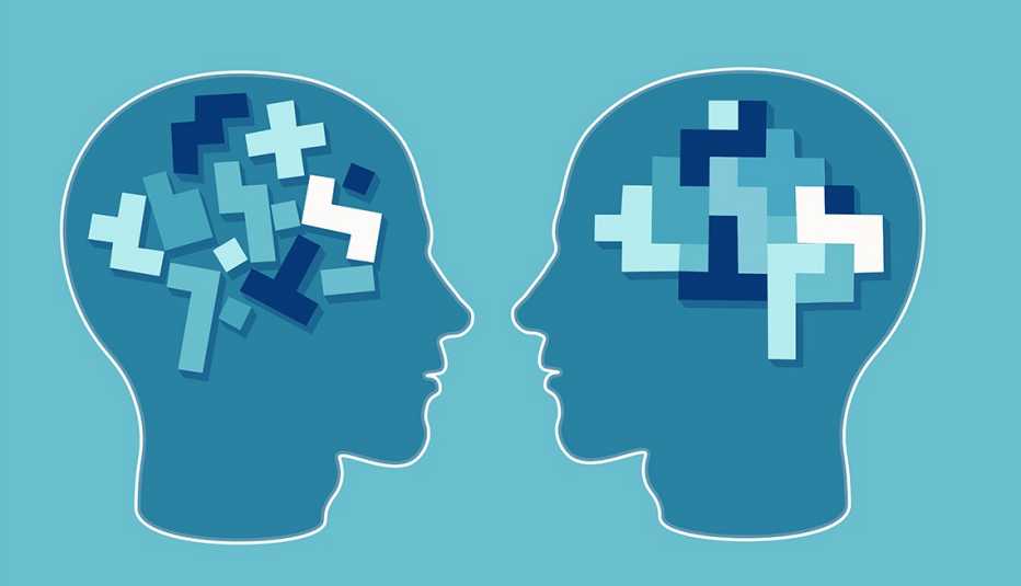An illustration of two heads with either an arranged or disarranged puzzle for brains