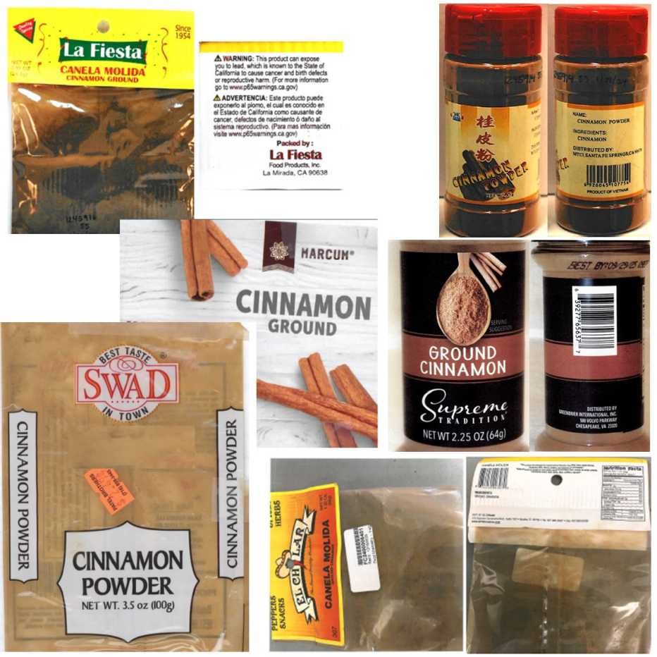 collage of ground cinnamon products that were recalled in march twenty twenty four for possible lead contamination
