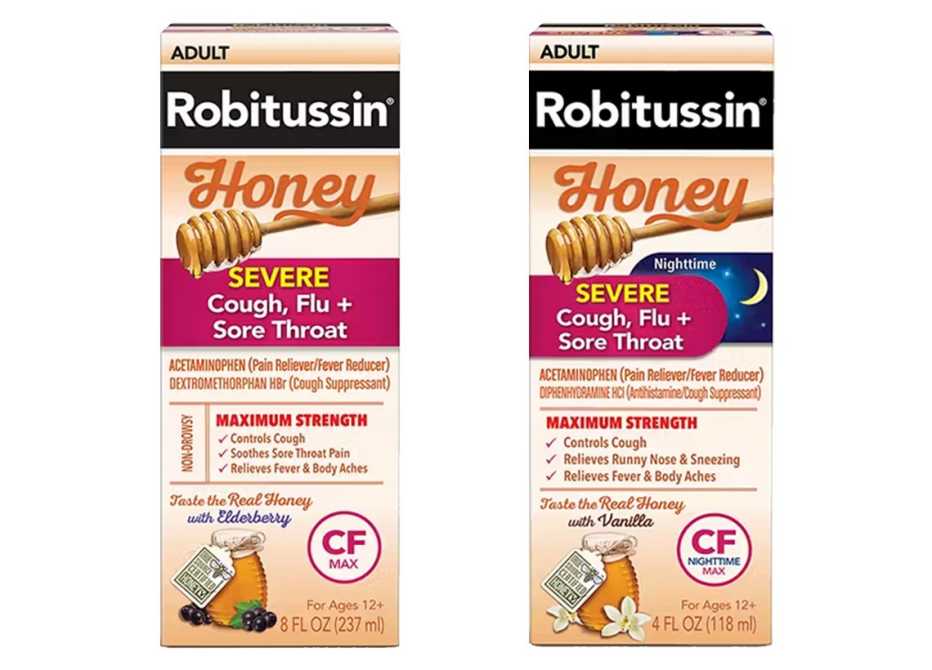 box of robitussin honey severe cough flu and sore throat medicine daytime as well as the nighttime version both have batches recalled in january twenty twenty four