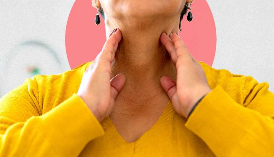 Close up of woman touching the sides of her throat with both hands and a red circle behind it to signify pain or discomfort