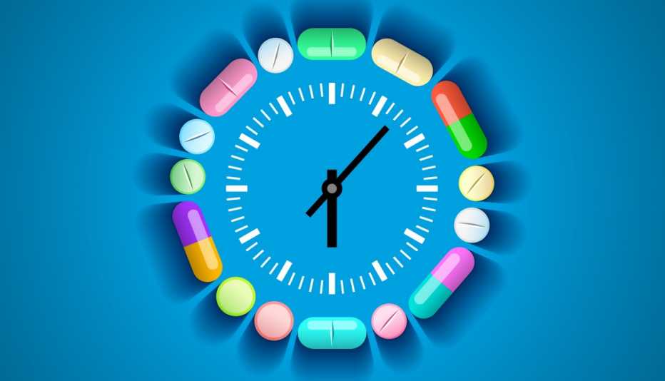 a clockface surrounded by medication pills and capsules