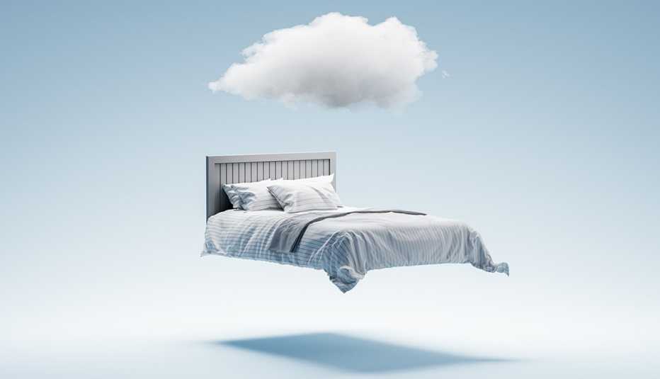 3D illustration of double bed hovering in air and with white cloud above.