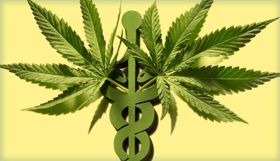 Two marijuana leaves superimposed on a caduceus medical symbol