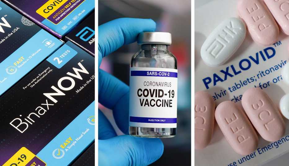 COVID home tests, COVID vaccine vial, and closeup of Paxlovid box with pills on top