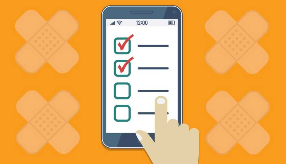 checklist on mobile phone and bandaids to signify vaccines given