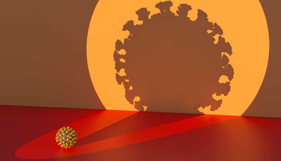 digital illustration of a COVID viral cell on a red floor with its silhouette projected on an orange wall