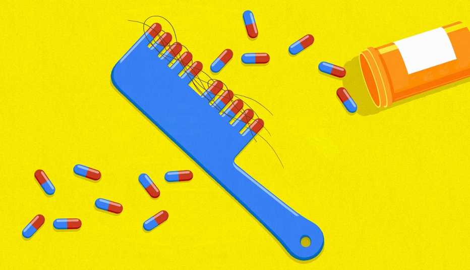 illustration of a pill bottle spilling out pills and those pills match the bristles of a hair comb that has a few strands of hair in it