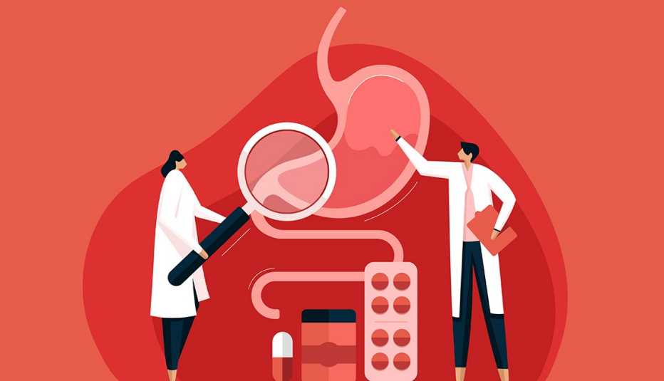 illustration of two GI doctors looking at a stomach being given heartburn medications such as PPIs under a magnifying glass on a red background