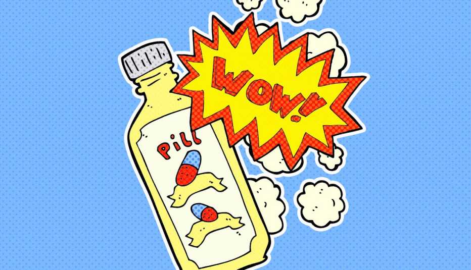 miracle pill cartoon bottle illustration with the word wow in a starburst on top of it