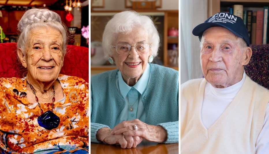 three centenarians from left gladys mcgarey and then harriet harris both age one hundred and two and william aho age one hundred and five