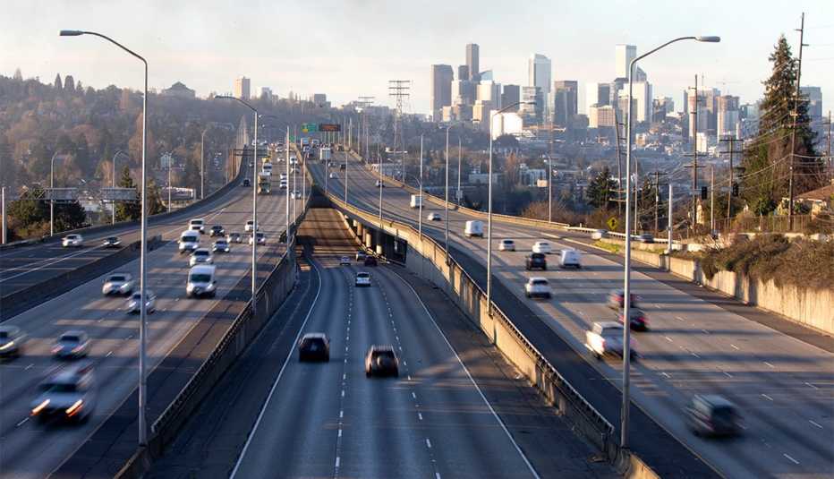 Rush hour traffic is lighter than normal during the morning commute heading in and out of Seattle on Interstate 5 