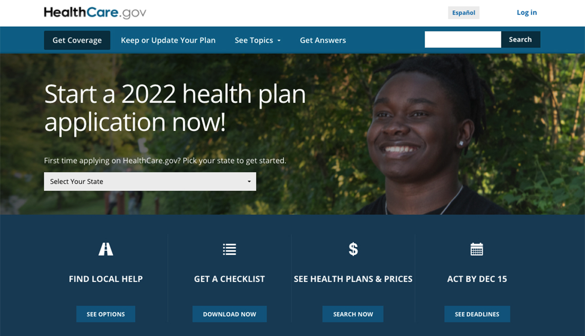 screen shot of the healthcare dot org website page to apply for health care through the a c a