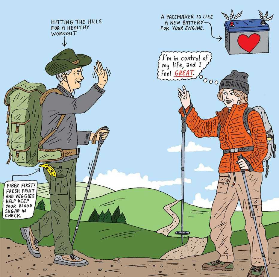 illustration of two mature adults hiking