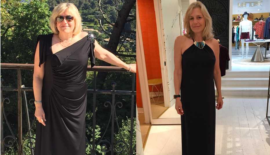 Side-by-side photos of Sherry Greenwald wearing black evening gowns before and after she lost weight.