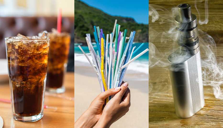 A side-by-side image of a glass of soda a person holding a stack of straws on a beach and a vaping device