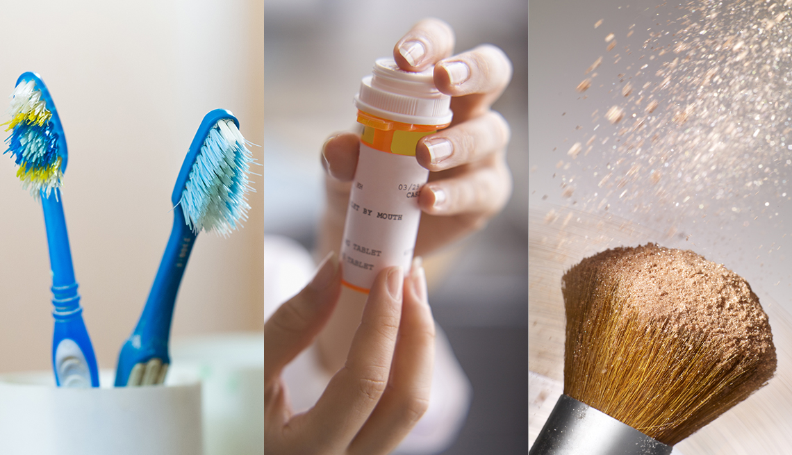 A side by side image that shows two worn toothbrushes a person holding a prescription pill bottle and a makeup brush 