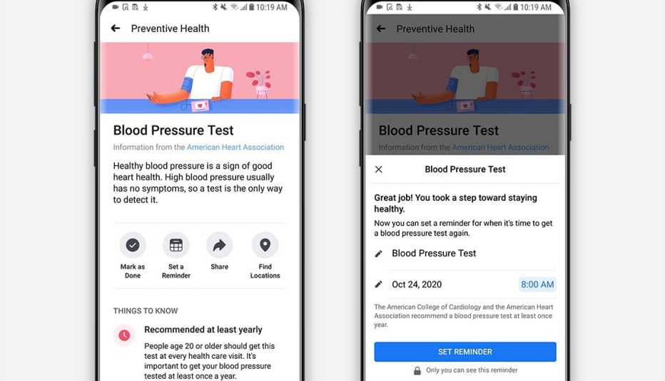 Images of phone screens showing how Facebook users can set reminders for health tests and screenings on the Preventive Health tool