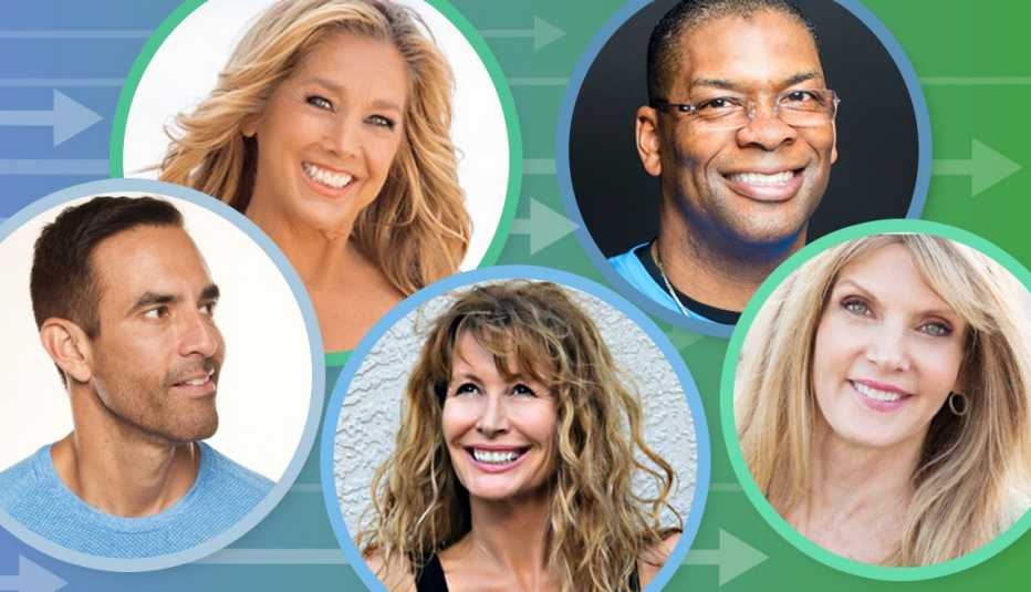 headshots of the a a r p fitness experts clockwise from top left denise austin bryant johnson kathy smith lorraine ladish and jorge cruise