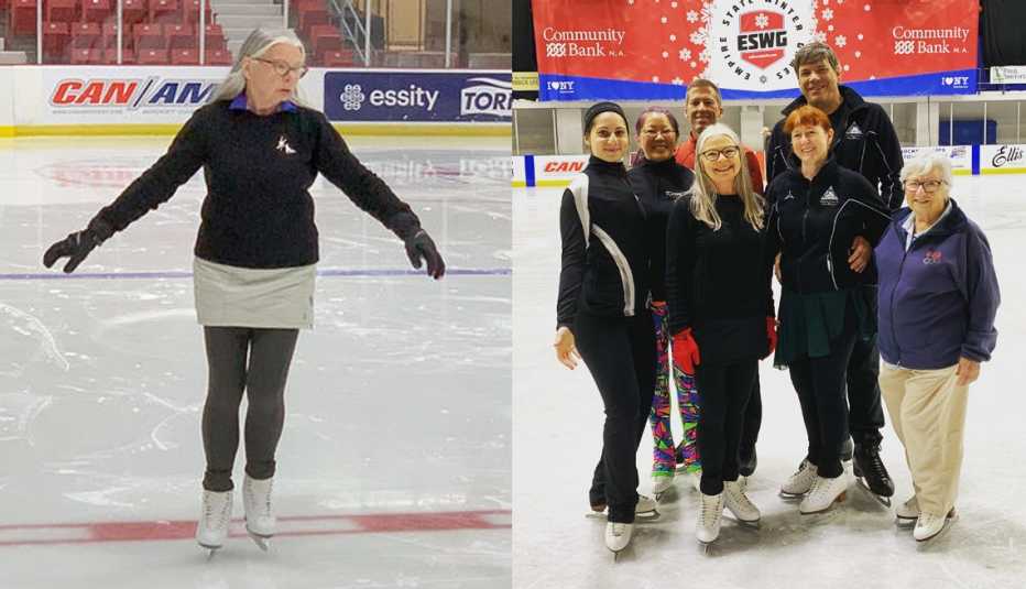 Side-by-side images of figure skater Nancy Cox practicing on the ice (left) and her standing with other members of The Skating Club of Lake Placid