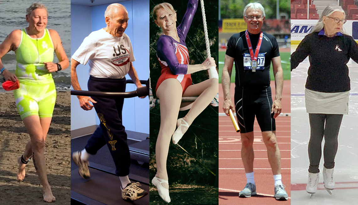 A side-by-side image of five athletes over the age of 60 that are excelling in their respective sports