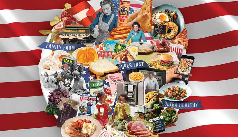 illustration collage of dozens of food items on top of a plate with the stripes of the u s flag in the background