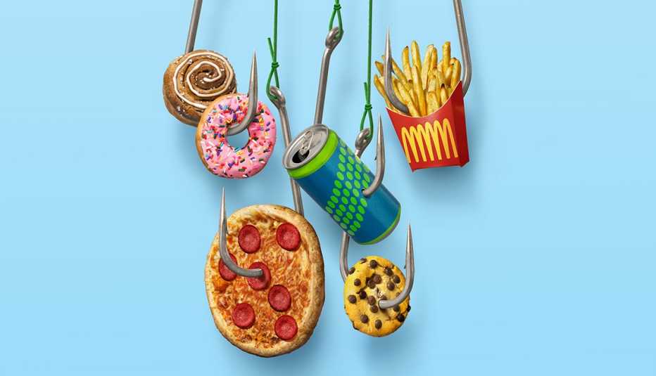 junk food hanging form sharp fish hooks the foods are pizza a cookie soda fast food french fries a donut and a cinnamon bun