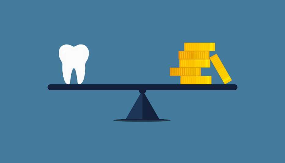 illustration of a tooth and coins on a seesaw, dental costs concept
