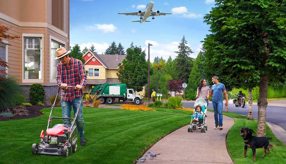 photo illustration of a suburban neighborhood that includes noise hazards such as a lawnmower jackhammer motorcycle garbage truck and dog barking as well as others