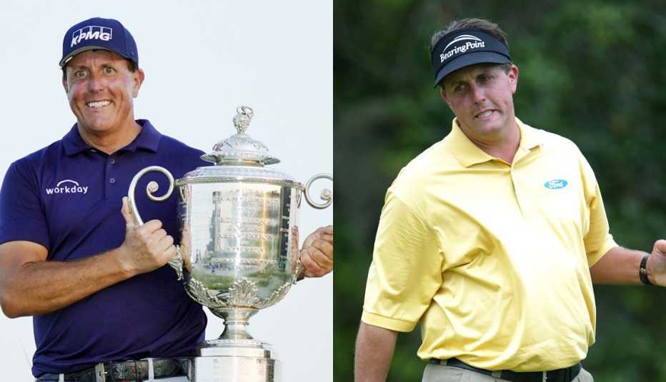 Professional Golfer Phil Mickelson winning the 2021 PGA Championship (left) and in 2004