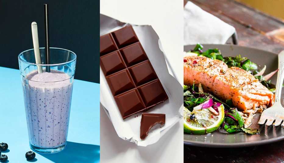 three foods a smoothie a dark chocolate bar and a healthy salad topped with salmon