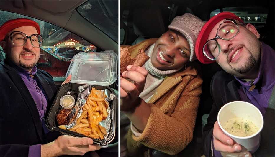 jay deitcher and his wife antoinette show off their food picked up for a date night