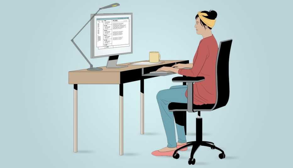 illustration of a woman sitting upright at a work desk with properly aligned ergonomics