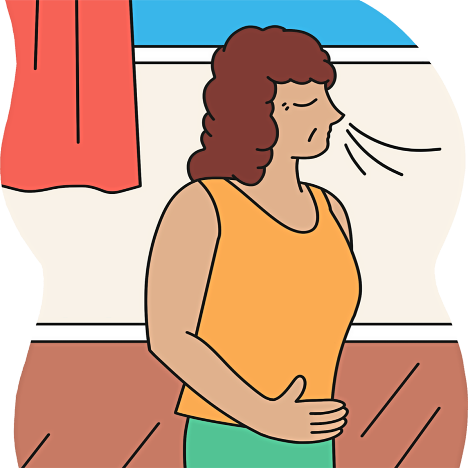 woman shown holding her belly and breathing in through her nose