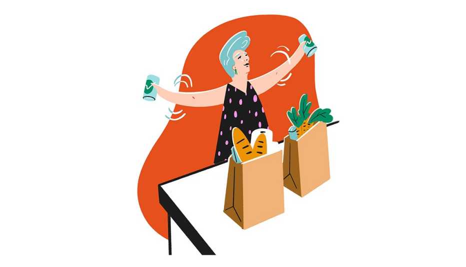 illustration of a woman doing arm circles holding food cans