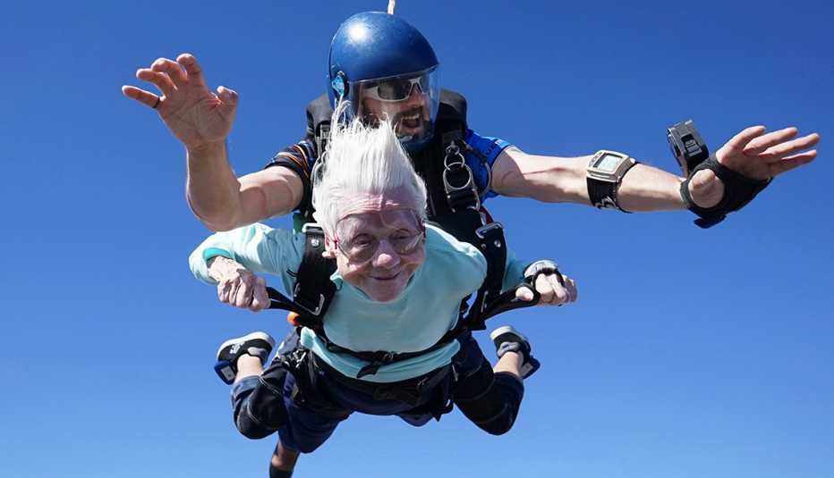 one hundred and four year old dorothy hoffner seen here tandem jump skydiving with derek baxter on october first twenty twenty three just days before she passed away