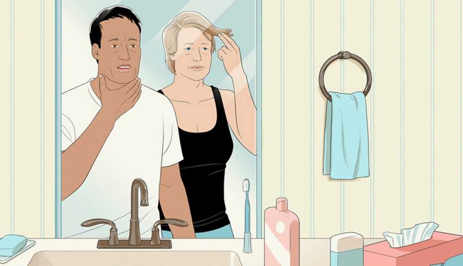 a couple examining themselves in their bathroom mirror the woman is looking at her hair and the man is touching the skin of his throat