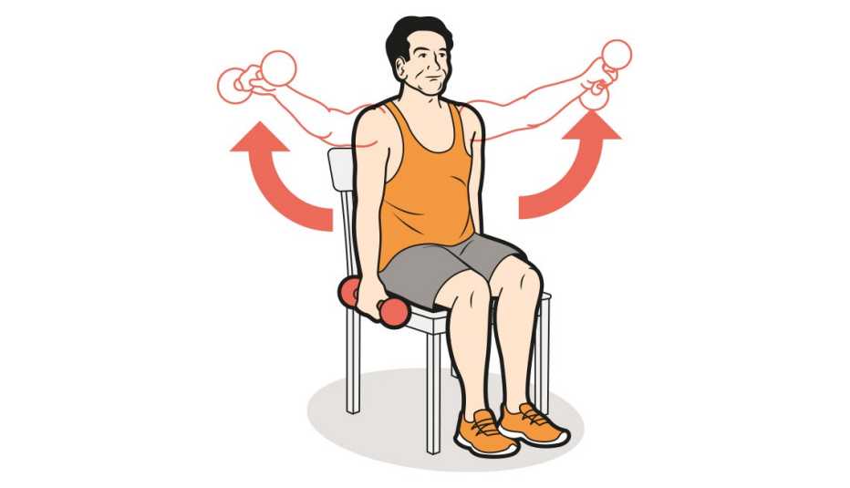 man in a chair doing seated scaptions with dumbbells