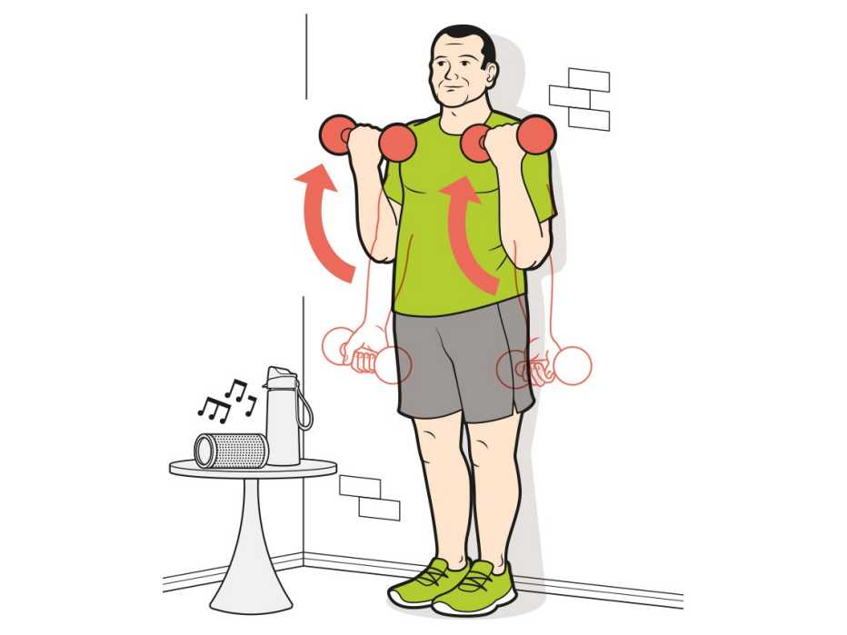 a man doing wall curls with dumbbells