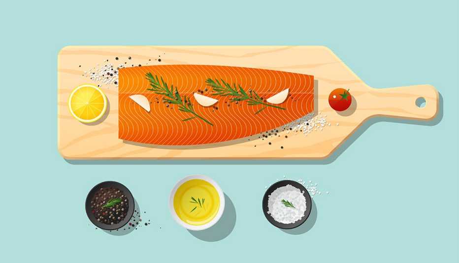illustration of raw salmon on a cutting board seasoned with herbs next to containers of olive oil, salt, and pepper on a light blue background to reflect the health benefits of foods high in omega fatty acids