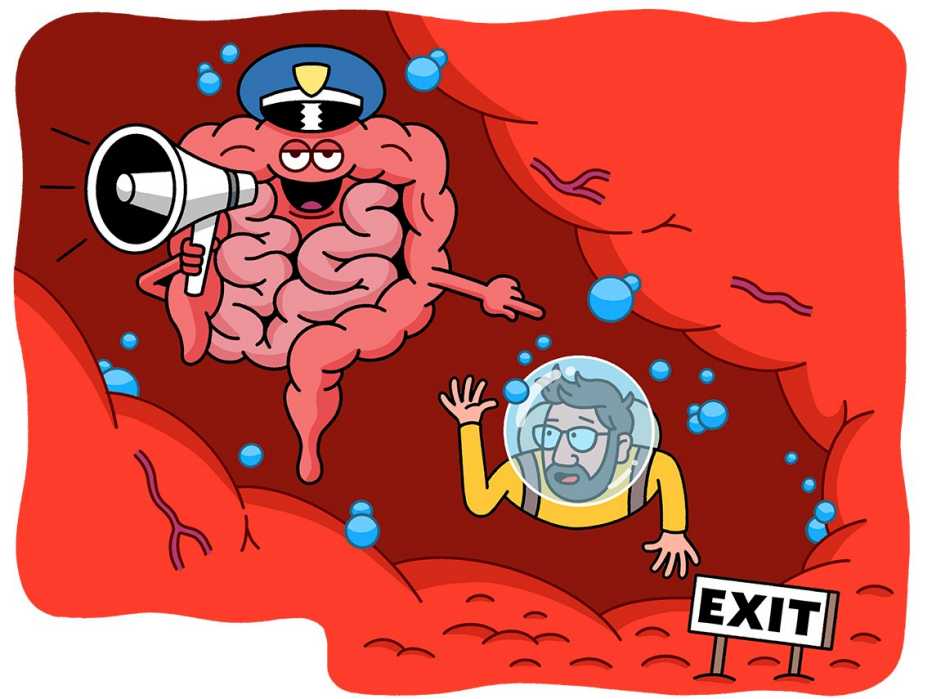 cartoon of the scuba man swimming through the intestines who are showing him the way out
