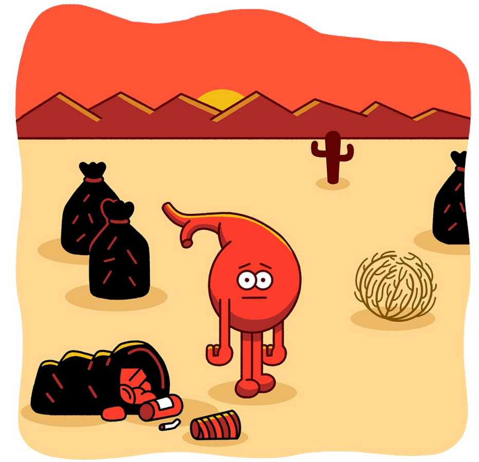 cartoon of a gallbaldder standing in a desert with a few bags of garbage and a tumbleweed looking sad that it does not get enough attention