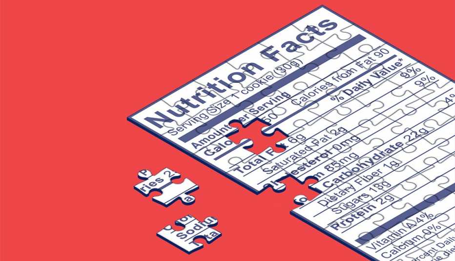 illustration of a nutrition label in the form of a puzzle with a few missing pieces on a red background