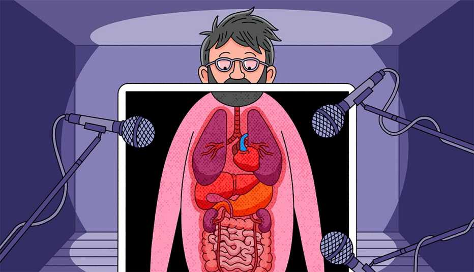 cartoon man standing behind an x ray panel that shows his internal organs and there are microphones set up so that each organ can speak