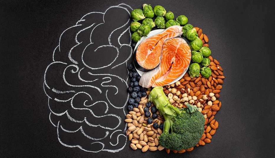chalkboard drawing of the brain half is made up of chalk lines and the other half is made up of healthy food salmon broccoli brussels sprouts blueberries almonds and pistachios
